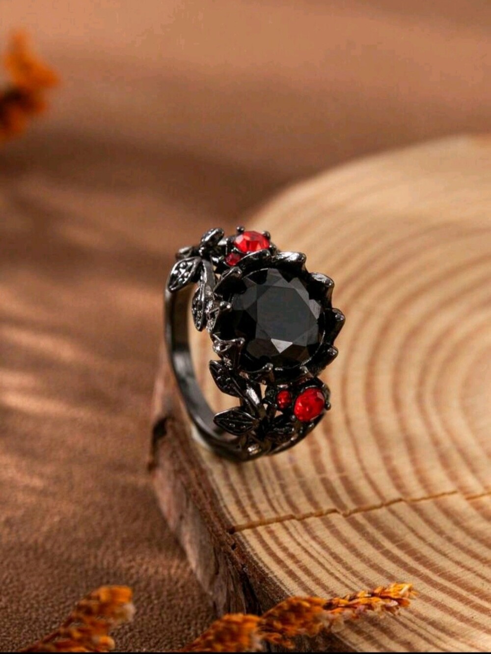 Gothic Black Floral Ring Red Zirconia Gem Accents Goth Vampire Dark Jewelry, 8 - Picture 2 of 5